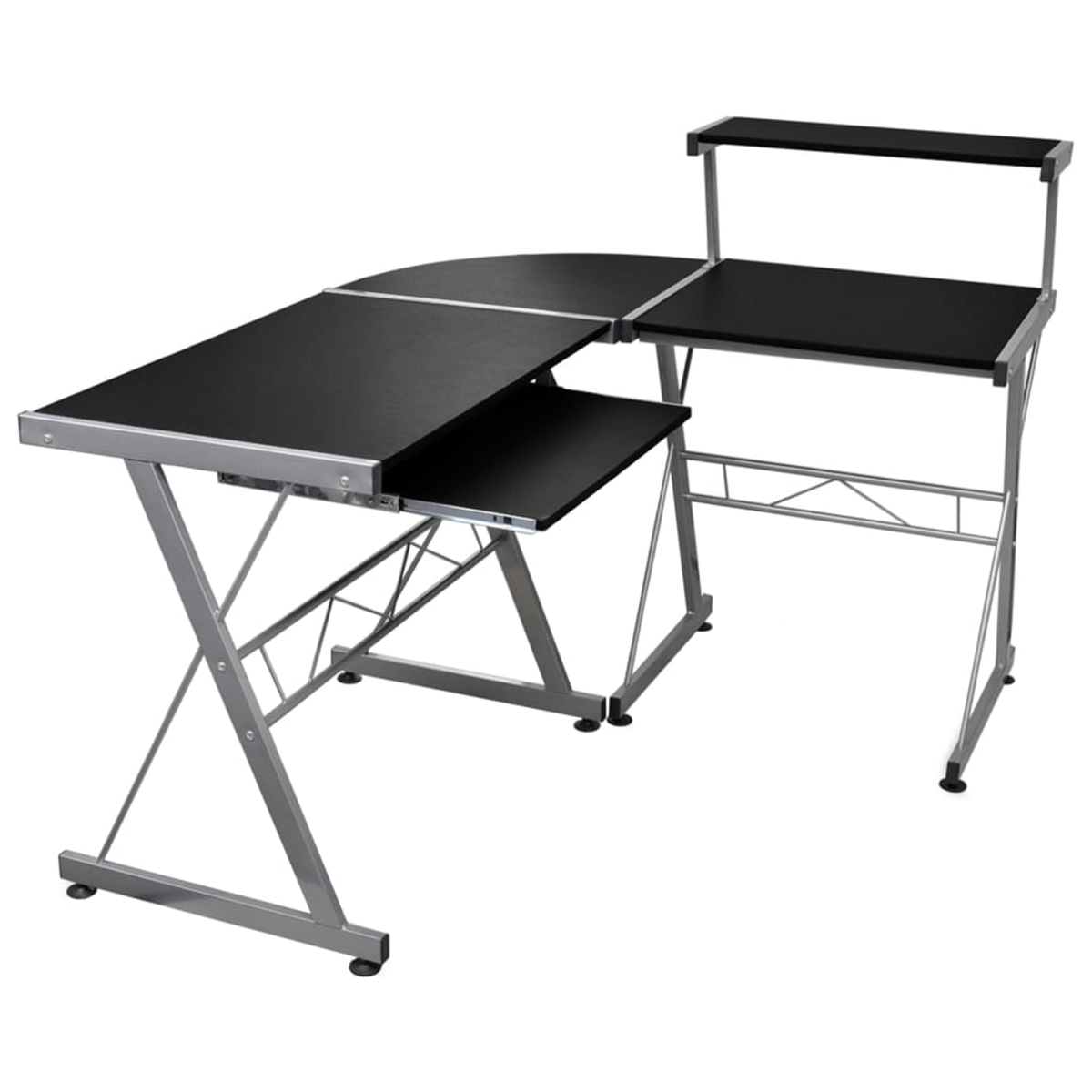 Ein schwarzer Computertisch mit geschwungener Hauptfläche, Tastaturablage und einem erhöhten Regal. Er hat silberne Metallbeine und -stützen.