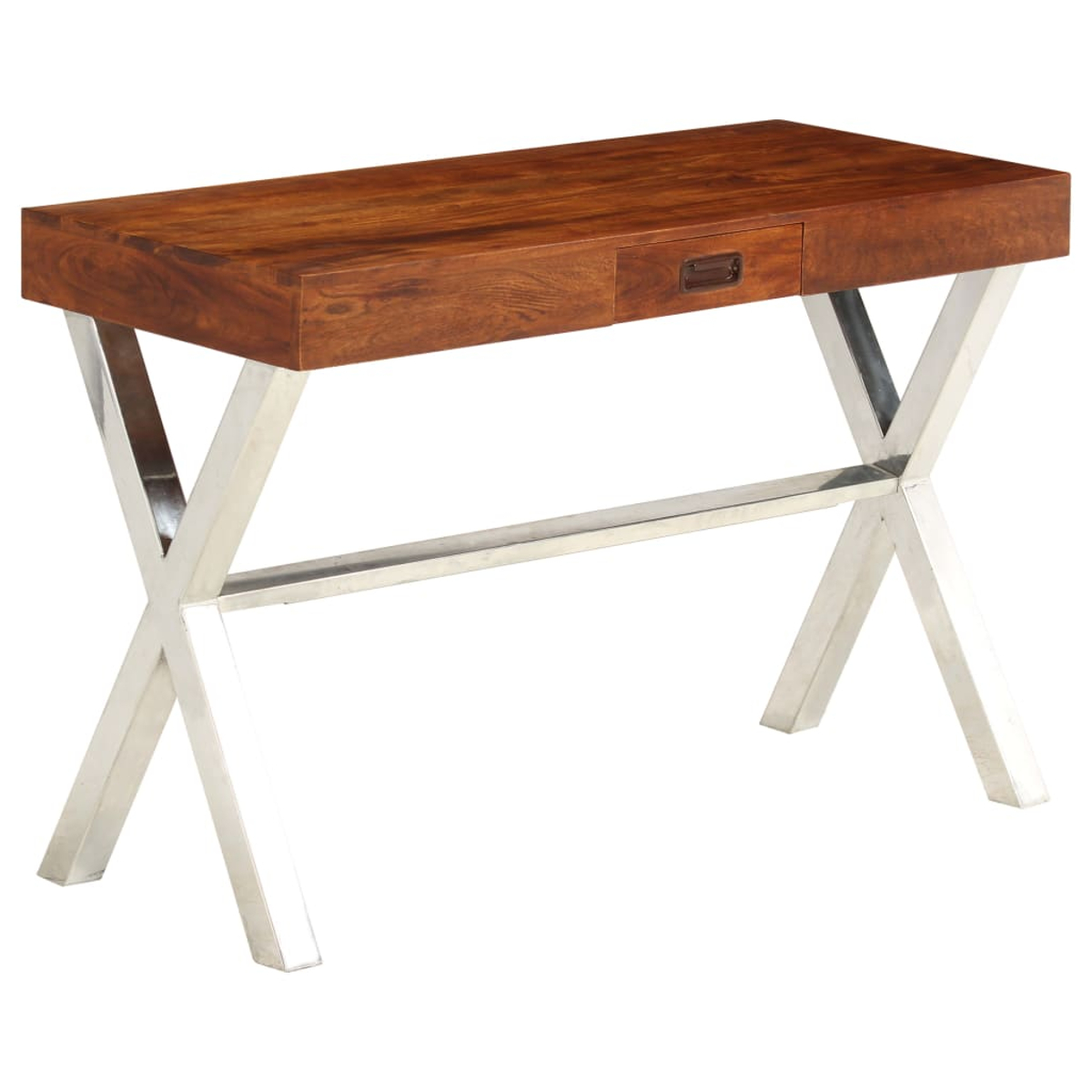 Holzschreibtisch mit brauner Platte und Schublade. Er hat silberne Metallbeine in X-Form.