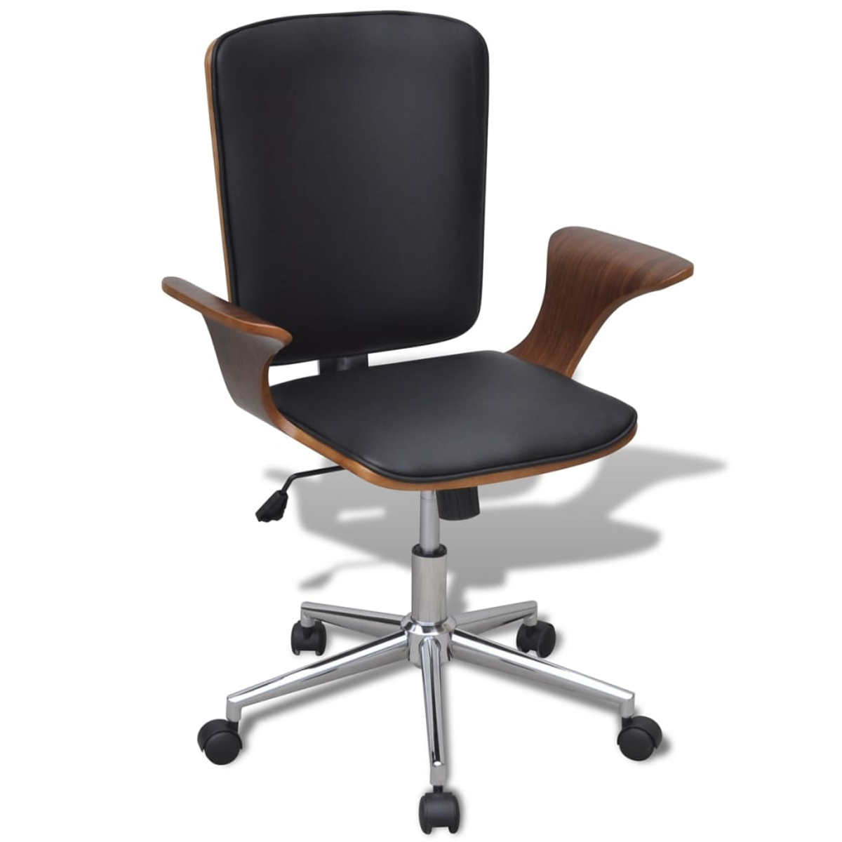 Ein moderner Bürostuhl mit schwarzem Sitz und Rücken, Holzarmlehnen und einem Chromgestell mit Rollen.