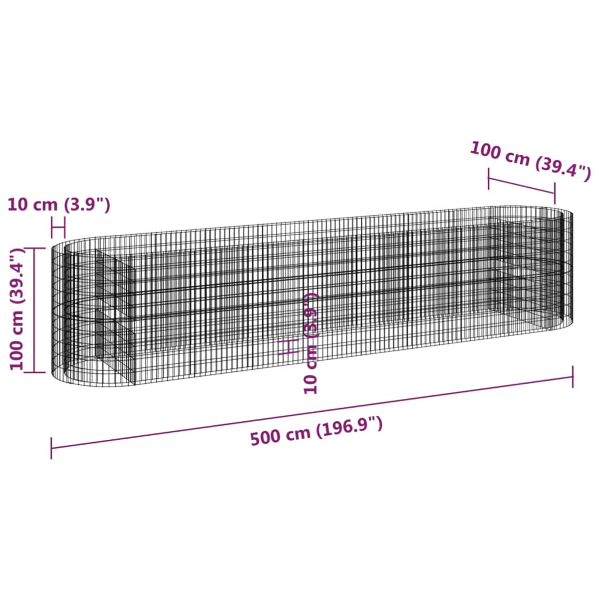 Ein Drahtgittergehäuse. Abmessungen sind beschriftet: 500 cm lang, 100 cm hoch und 10 cm tief. Maße sind auch in Zoll angegeben.