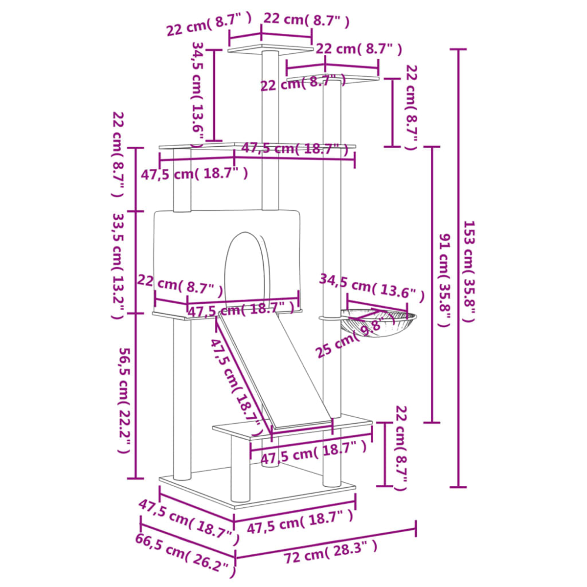 Kratzbaum-Diagramm mit Abmessungen in cm und Zoll, mit Plattformen, einer Höhle und einer Rampe.