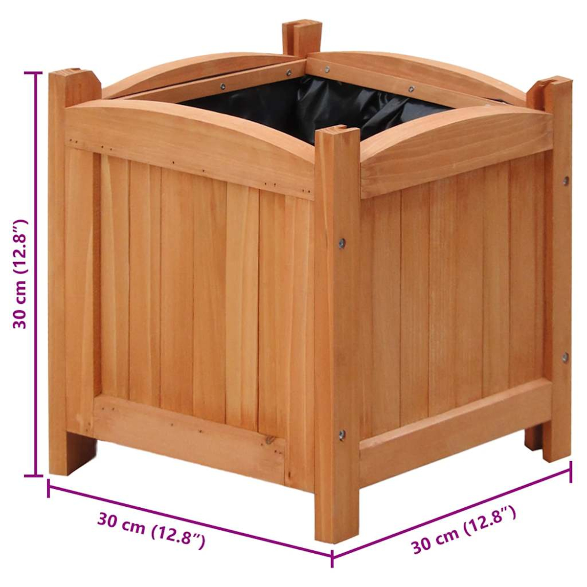 Eine hölzerne Pflanzkasten mit beschrifteten Abmessungen. Es hat eine schwarze Innenverkleidung. Die Box ist quadratisch und hat vertikale Holzlatten.