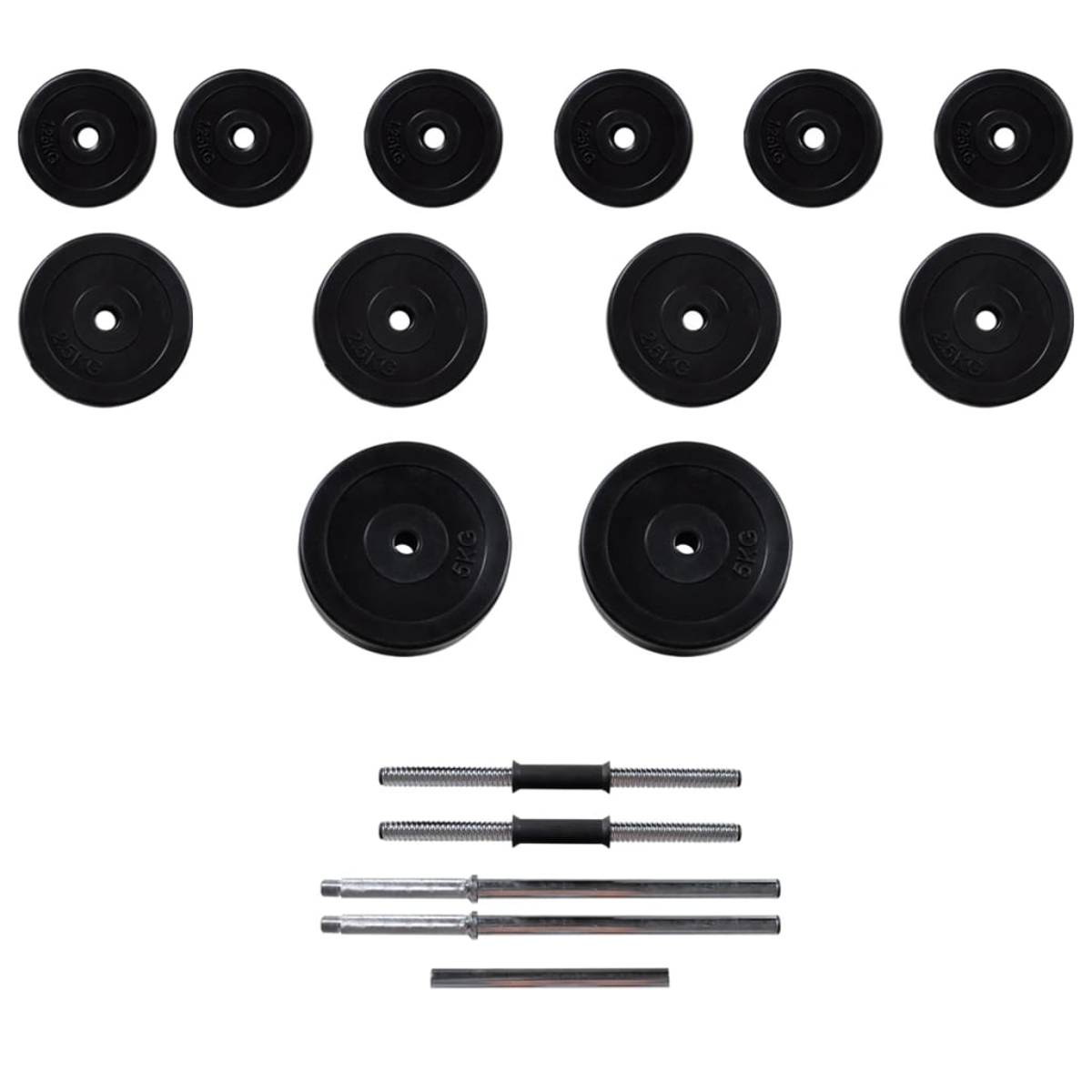 Schwarze Gewichtsplatten und Langhanteln auf weißem Hintergrund. Platten von 1,25 kg, 2,5 kg und 5 kg sind sichtbar. Hantelstangen unterschiedlicher Größe.