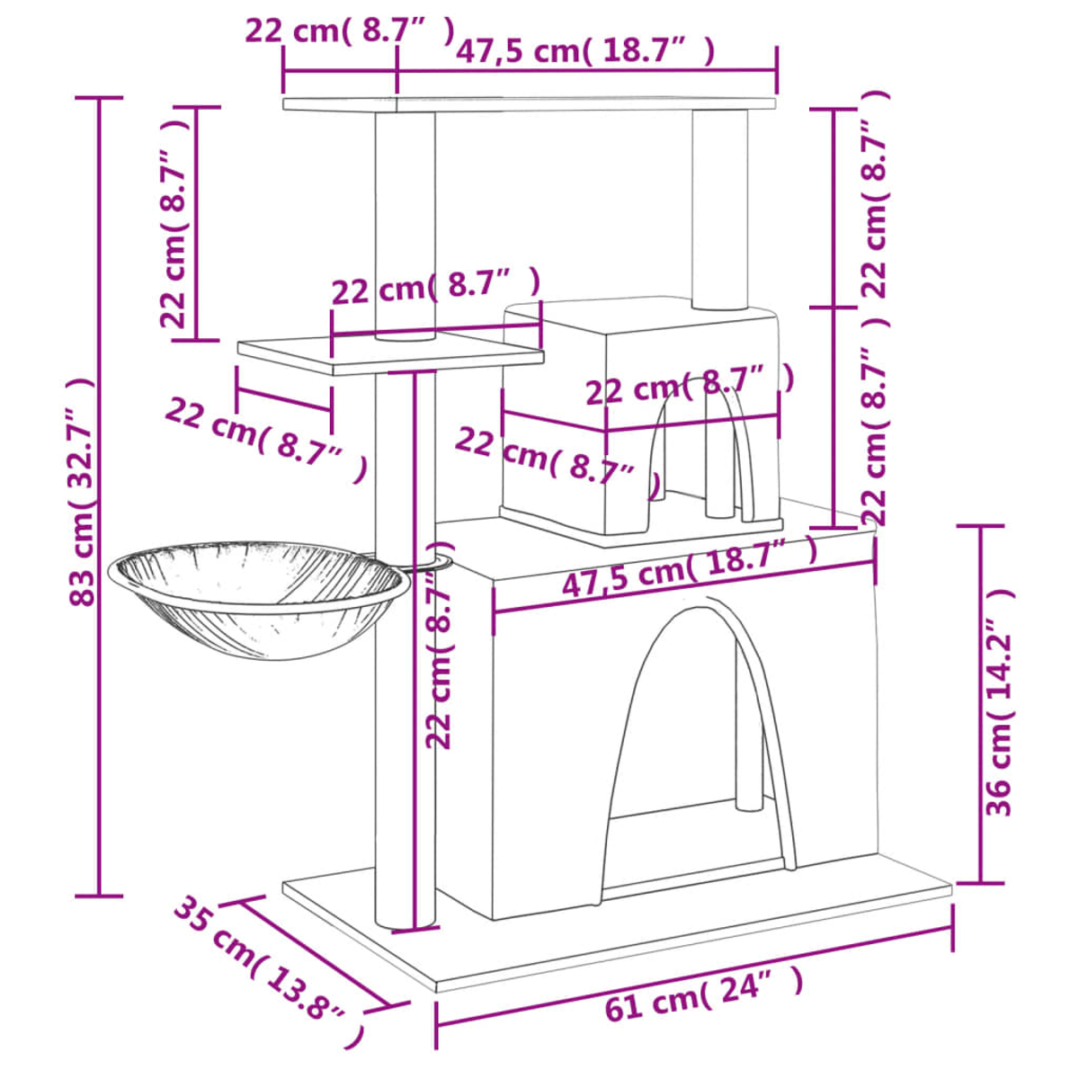 Diagramm eines Katzenbaums mit Maßen. Es hat mehrere Ebenen, einen Korb und ein Haus. Das Diagramm zeigt Maße in cm und Zoll.