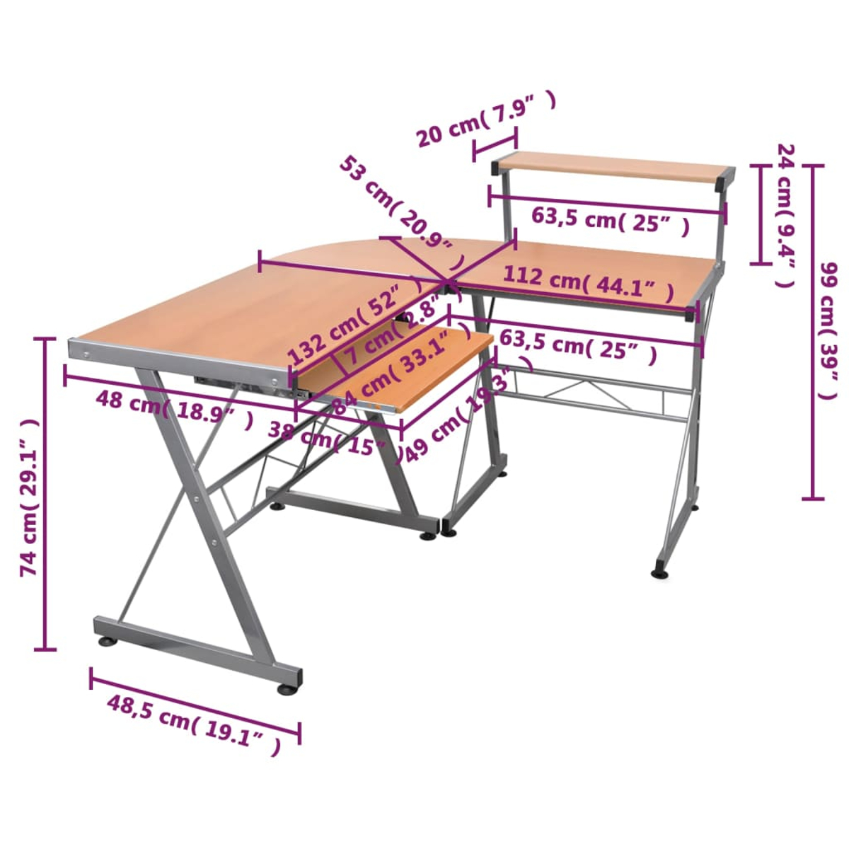 Ein Computertisch mit hellen Holzoberflächen und einem Metallrahmen. Maße sind in Lila beschriftet.