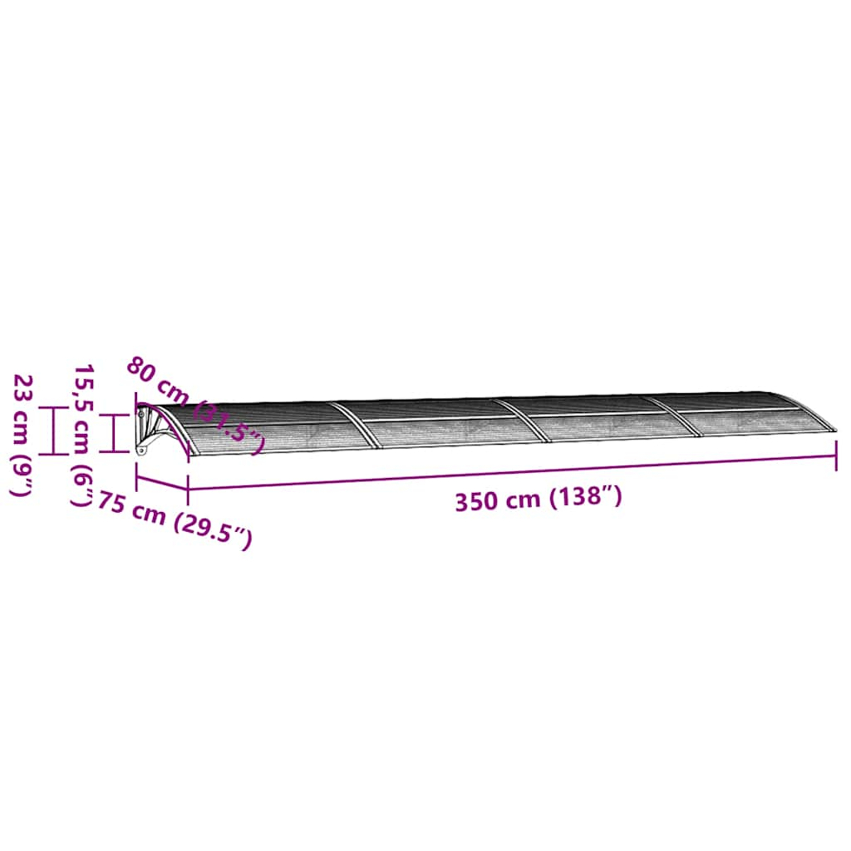 Ein schwarzes und transparentes Vordach mit Abmessungen. Es ist 350 cm lang und 75 cm hoch. Maße in cm und Zoll werden angezeigt.