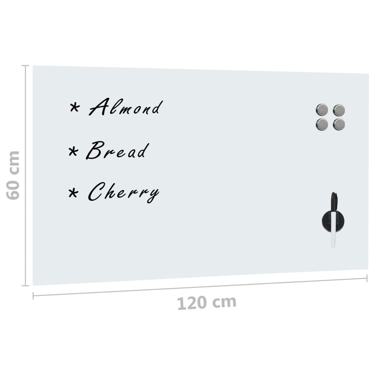 Eine weiße Tafel mit den Wörtern 'Almond', 'Bread' und 'Cherry'. Es hat Magnete und einen Stifthalter. Die Abmessungen sind 60 x 120 cm.