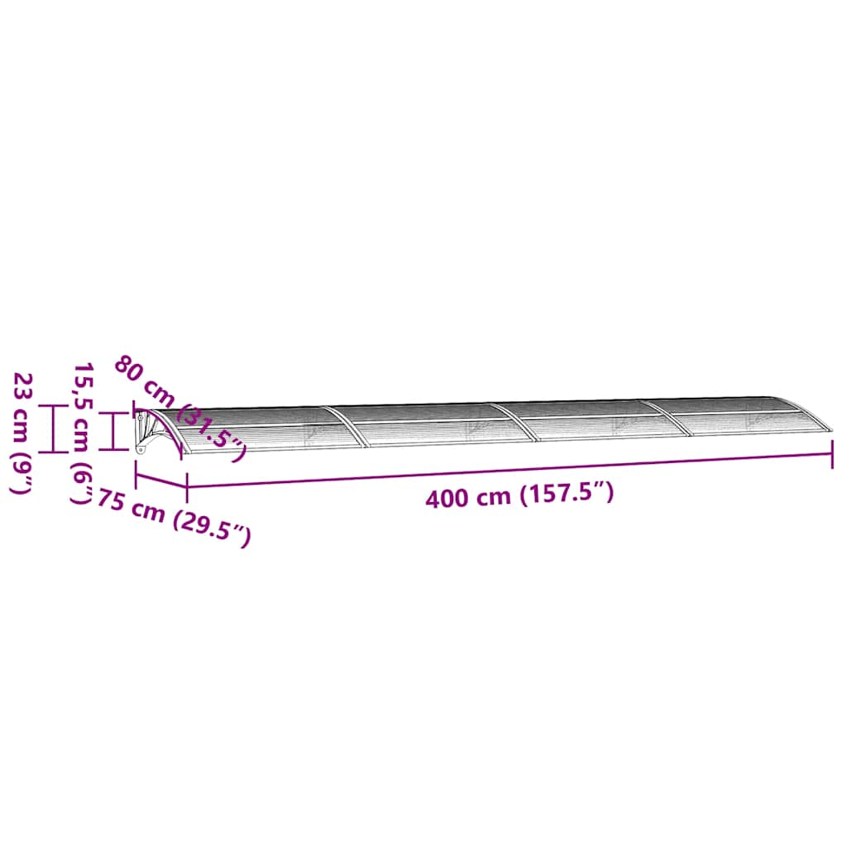 Ein Diagramm zeigt die Abmessungen einer grauen Markise. Sie ist 400 cm lang, 23 cm hoch und hat eine 75 cm lange Basis. Maße sind in cm und Zoll angegeben.
