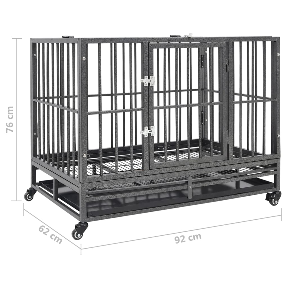 Eine graue Metall-Hundebox mit Tür, Stäben und einer Ablage. Sie hat Räder und die angegebenen Abmessungen: 76 cm hoch, 62 cm breit und 92 cm lang.