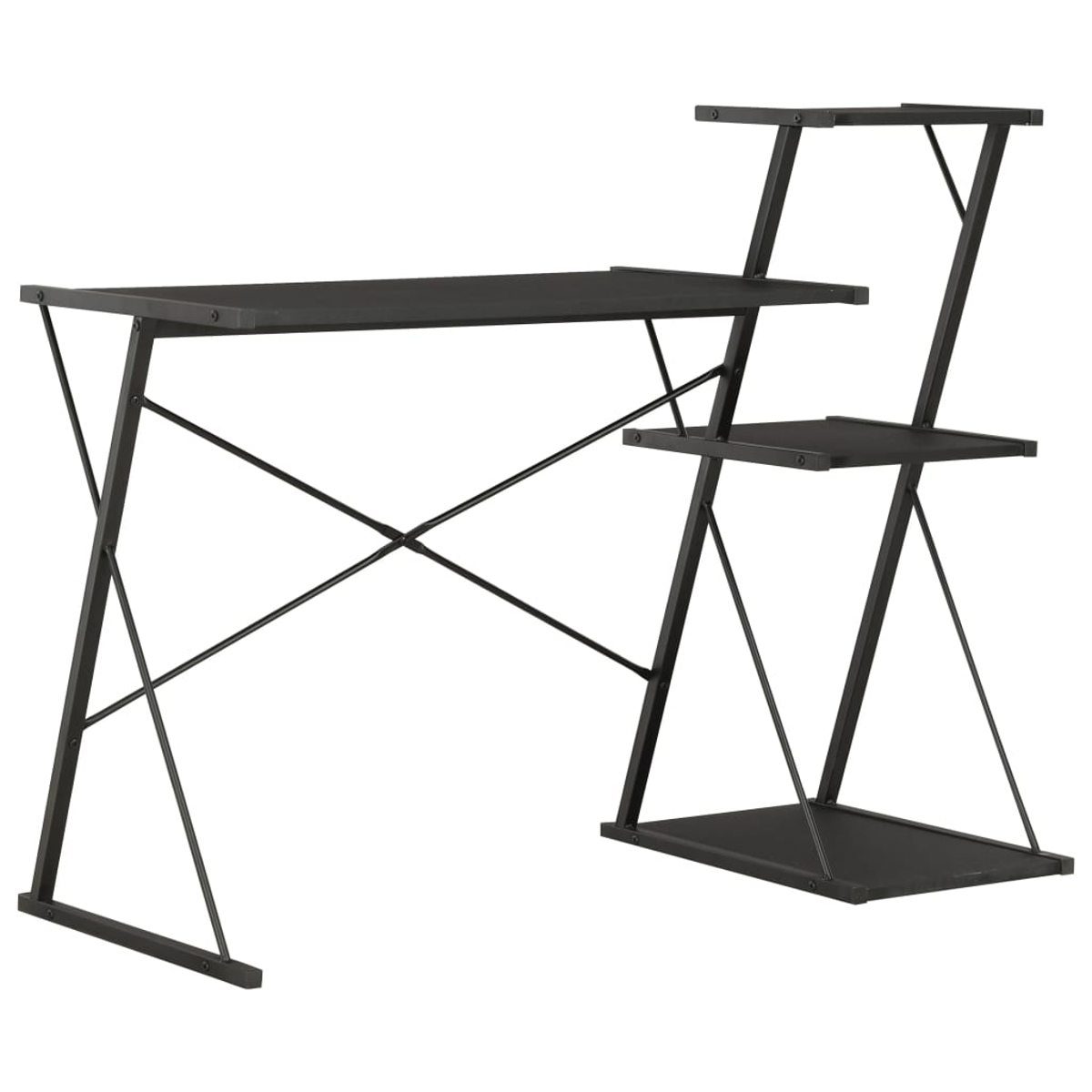 Schwarzer Computertisch mit Regalen. Mit rechteckiger Tischplatte, zwei Regalen und einem abgewinkelten Metallrahmen.