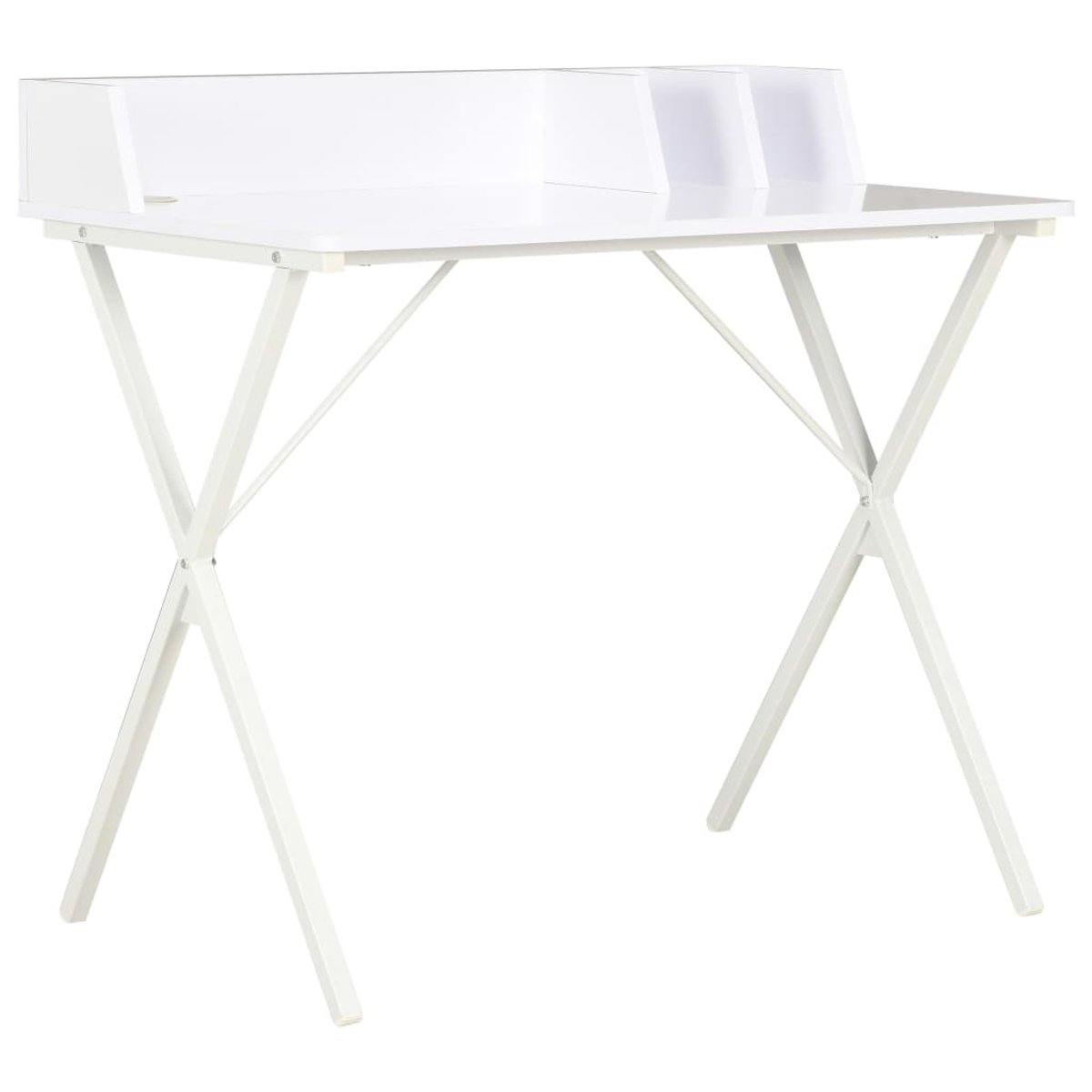 Ein weißer Schreibtisch mit oberem Regal und X-förmigen Beinen steht vor weißem Hintergrund. Der Schreibtisch ist leer und sauber.