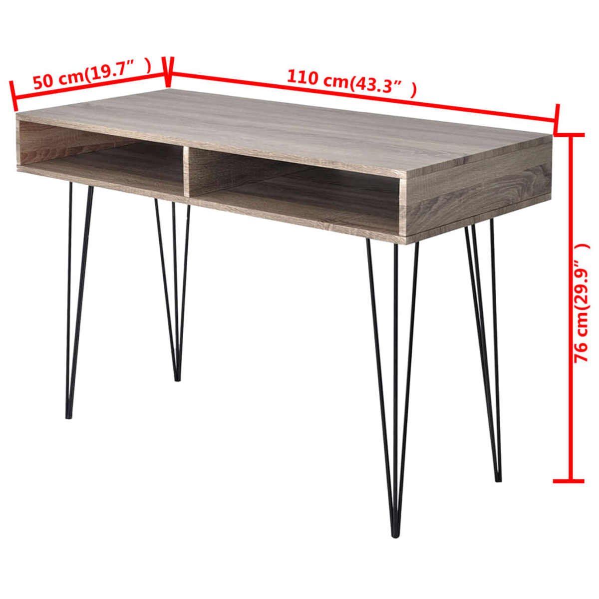 Ein Holzschreibtisch mit hellbrauner Oberfläche und schwarzen Haarnadelbeinen. Abmessungen: 50 cm Breite, 110 cm Länge, 76 cm Höhe.