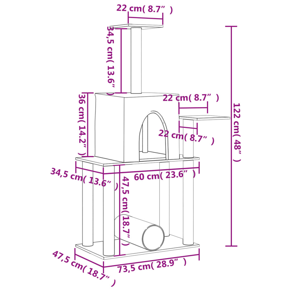 Ein Katzenbaum mit mehreren Ebenen, darunter Plattformen und ein Tunnel. Abmessungen in cm und Zoll sind angegeben.