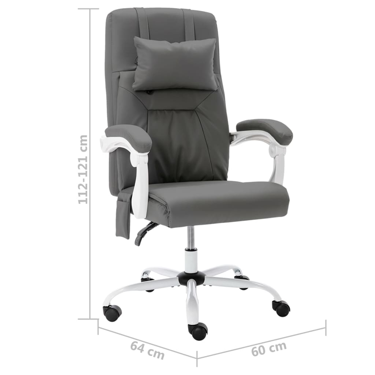 Grauer Bürostuhl mit Kopfstütze, Armlehnen und weißem Gestell. Abmessungen: 112-121 cm Höhe, 64 cm Breite und 60 cm Tiefe.