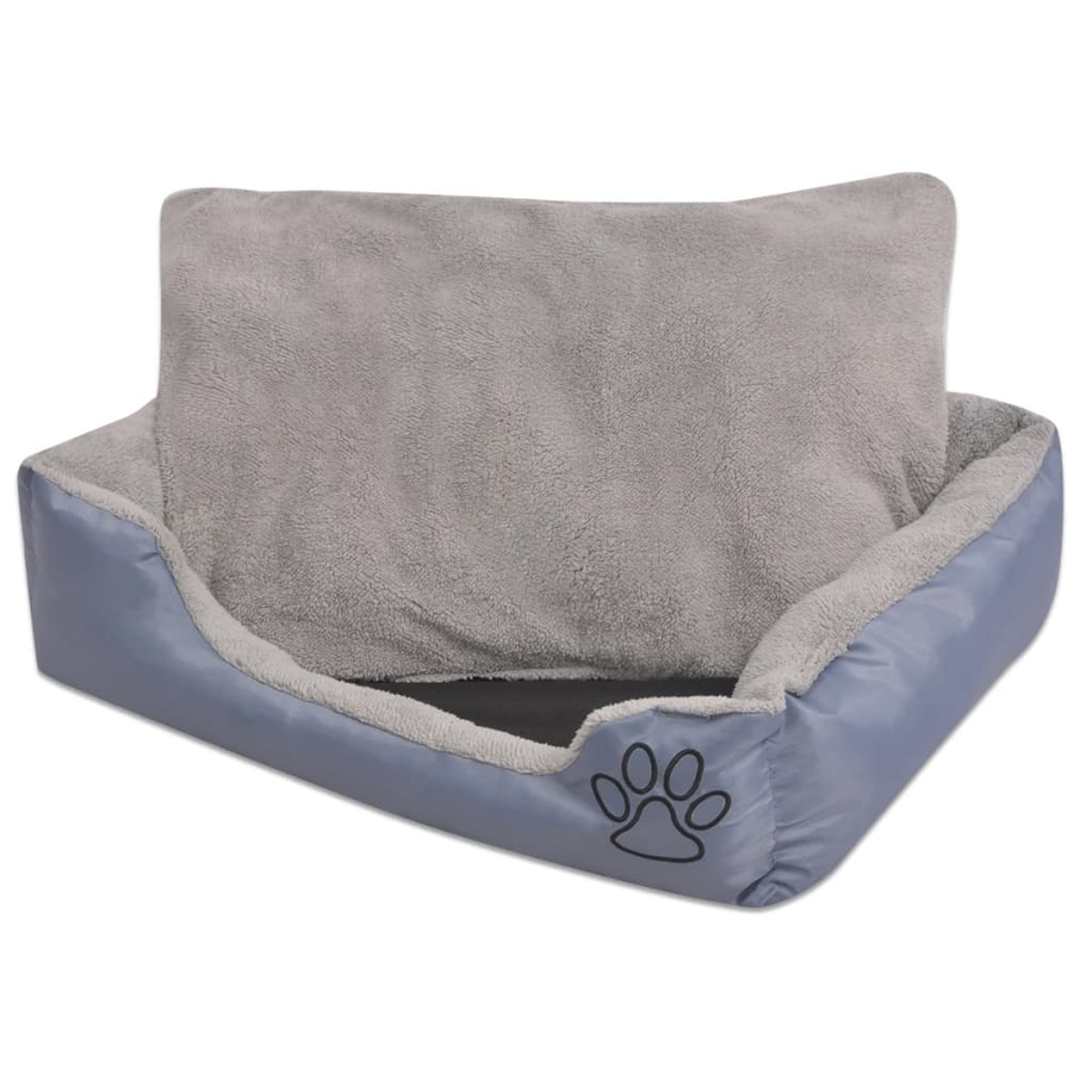 Ein Hundebett mit grauem Kissen. Das Bett ist blau mit einem Pfotenabdruck. Es ist auf weißem Hintergrund.
