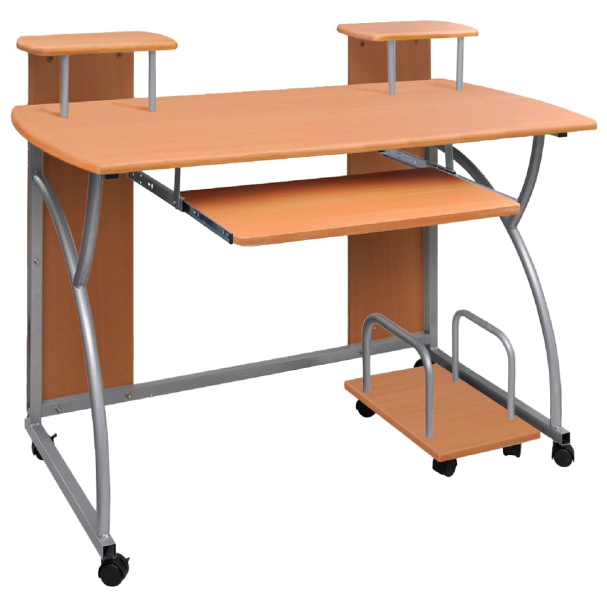 Ein Computertisch mit Holzoberfläche und ausziehbarer Tastaturablage. Er hat ein Stahlgestell und kleine Ablagen oben.