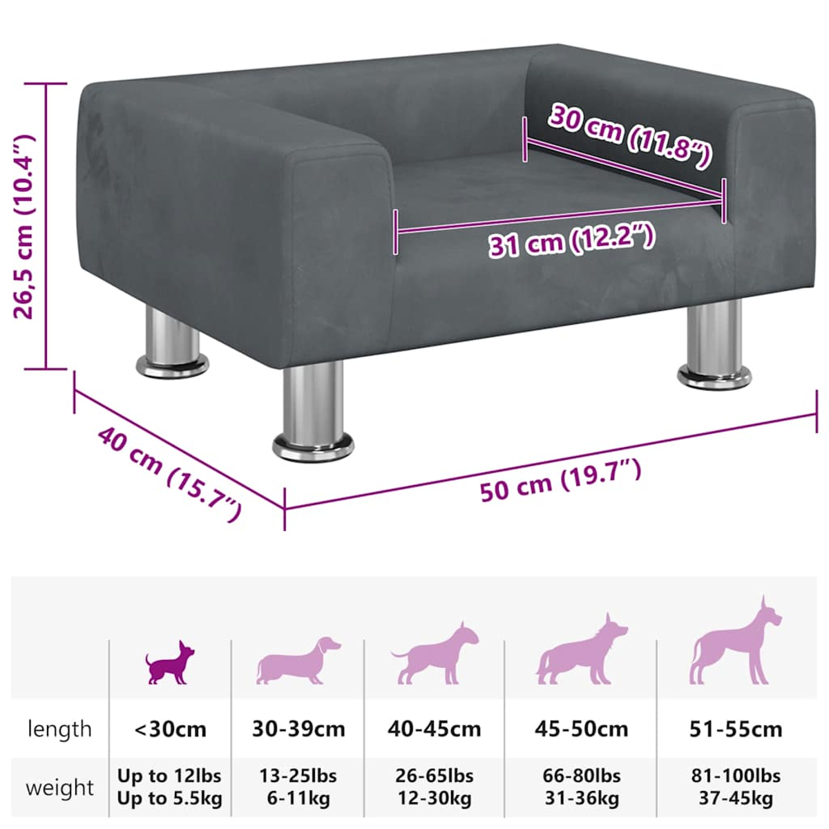 Graues Haustiersofa mit silbernen Beinen. Abmessungen werden angezeigt. Größenübersicht für Hunde nach Länge und Gewicht ebenfalls sichtbar.