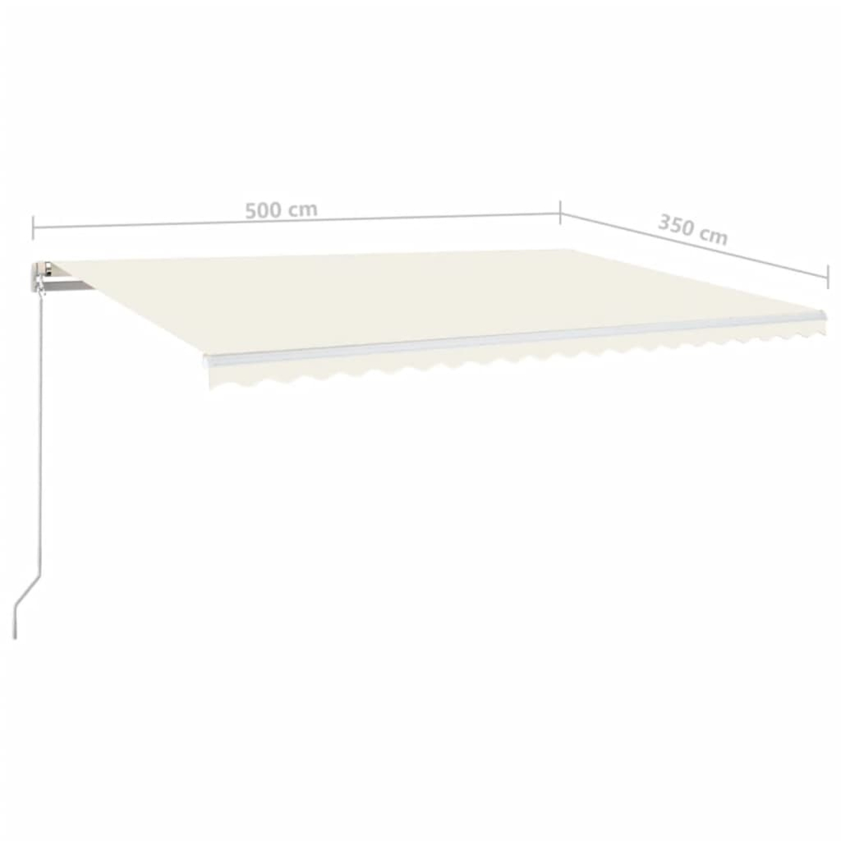 Ein beiger, ausziehbarer Markisen, Abmessungen 500 cm x 350 cm, ist ausgefahren. Ein Metallstützarm ist sichtbar.