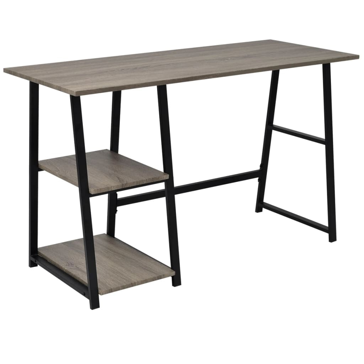 Ein Holztisch mit schwarzen Metallbeinen und zwei Regalen auf der linken Seite. Er hat eine rechteckige Oberseite und ein schlichtes Design.