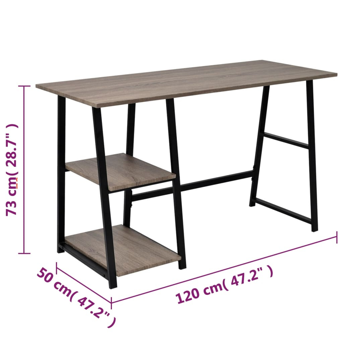 Ein Holzschreibtisch mit schwarzen Metallbeinen. Er hat eine Tischplatte und zwei Regale auf der linken Seite. Abmessungen sind angegeben.