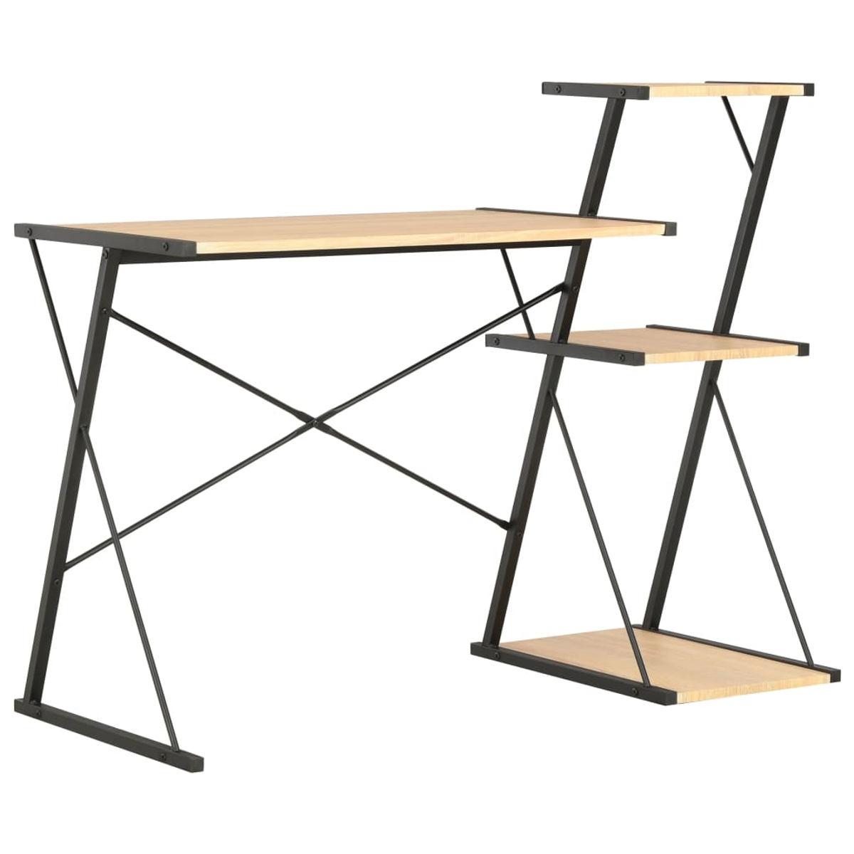 Ein heller Holzschreibtisch mit schwarzem Metallrahmen und drei Regalen. Er steht vor einem weißen Hintergrund.