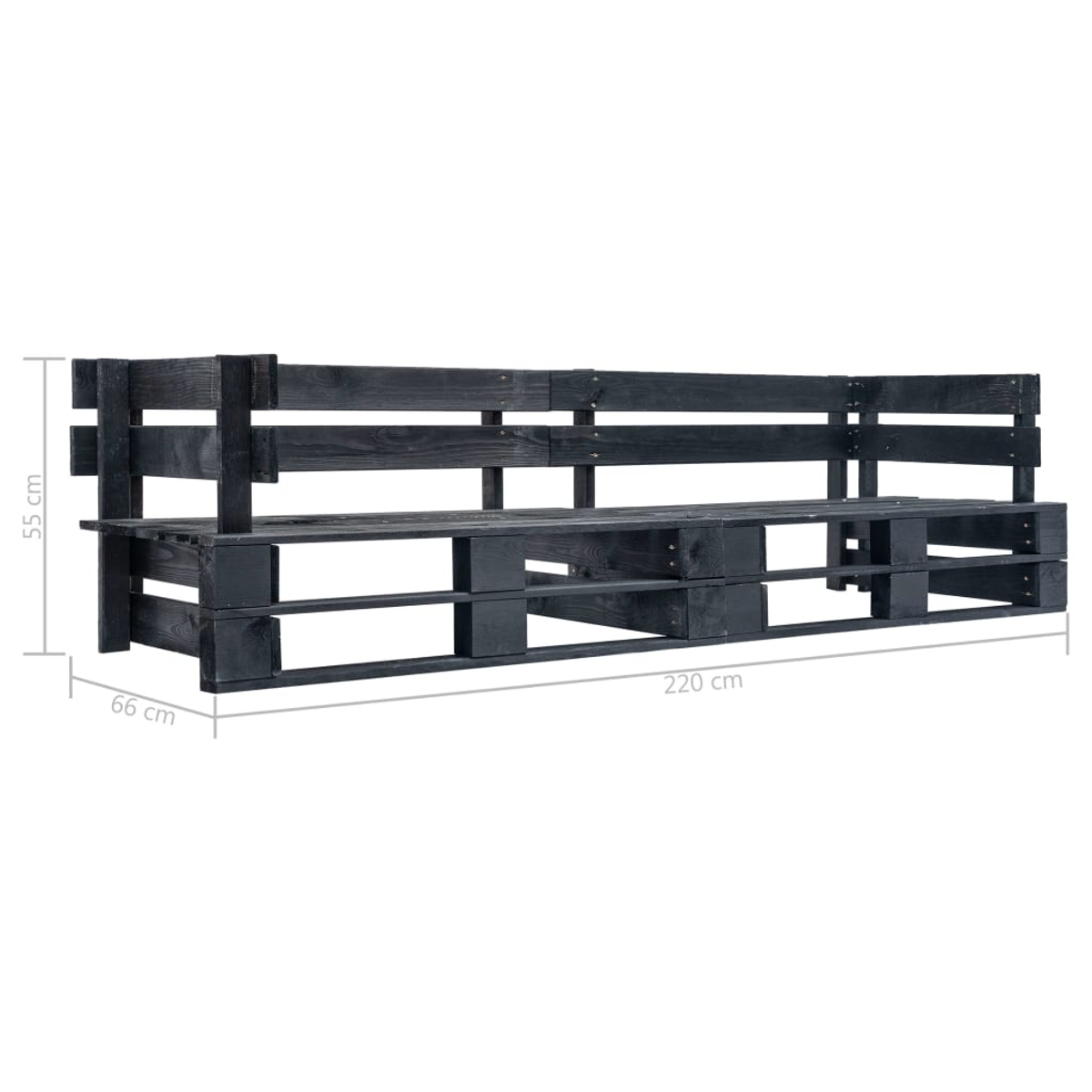 Ein schwarzes Holzpalettensofa. Es ist 220 cm lang, 66 cm breit und 55 cm hoch. Das Sofa hat eine Rückenlehne.