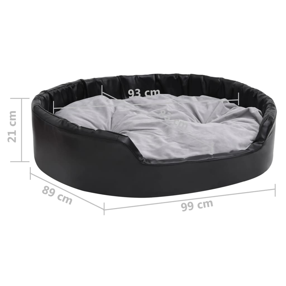 Ein schwarzes Hundebett mit den angegebenen Abmessungen: 99x89x21 cm. Es hat ein graues Kissen und einen niedrigen Einstieg.