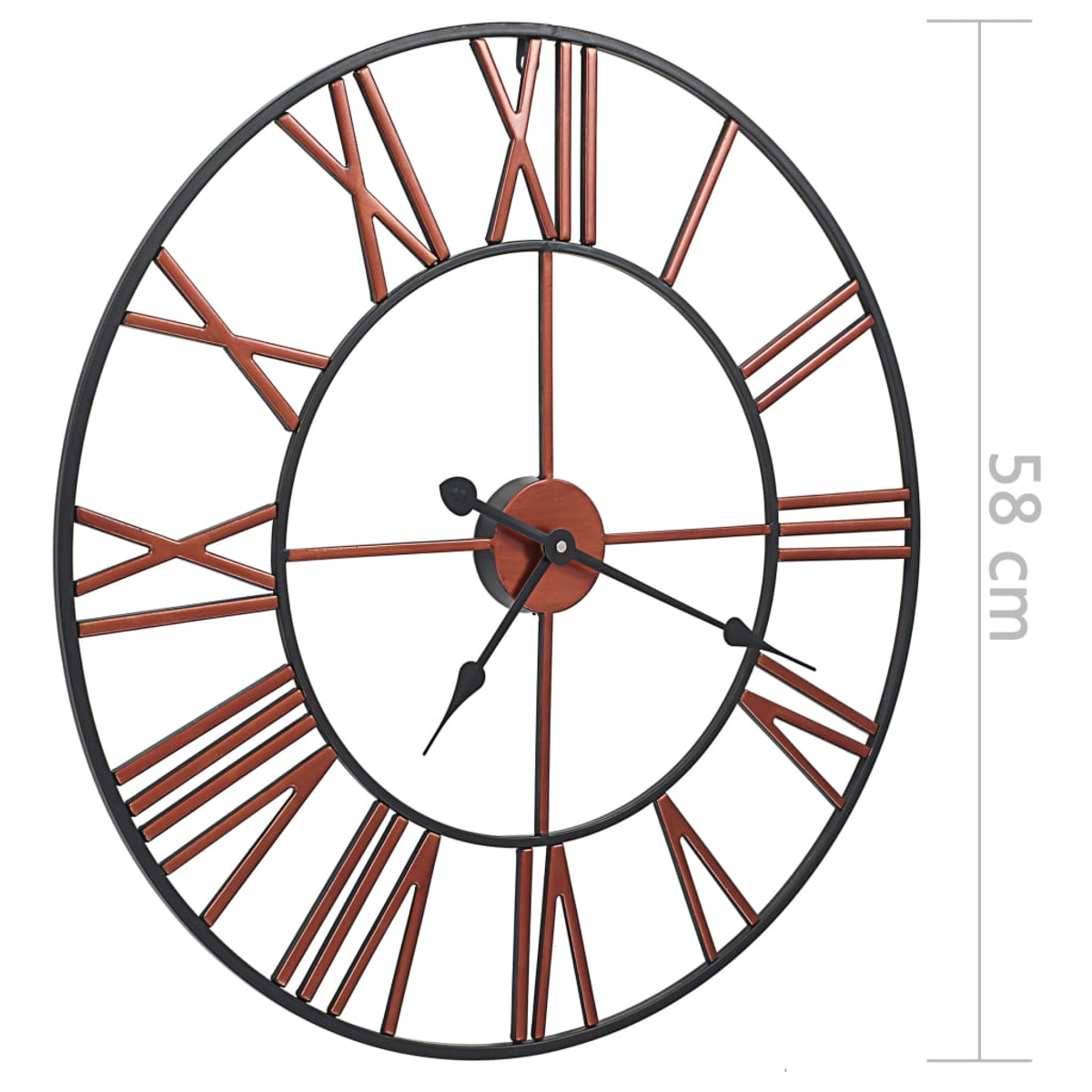 Eine große, runde Wanduhr mit römischen Ziffern. Sie hat einen schwarzen Rahmen, bronzefarbene Ziffern und Zeiger und ein braunes Zentrum.