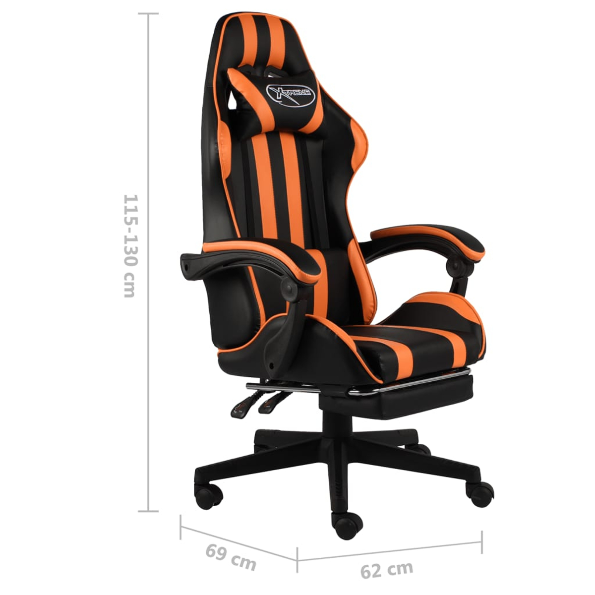 Ein orangefarbener und schwarzer Gaming-Stuhl. Er hat eine Kopfstütze und Armlehnen. Der Stuhl hat eine Fußstütze und steht auf einem schwarzen Fuß mit Rollen.