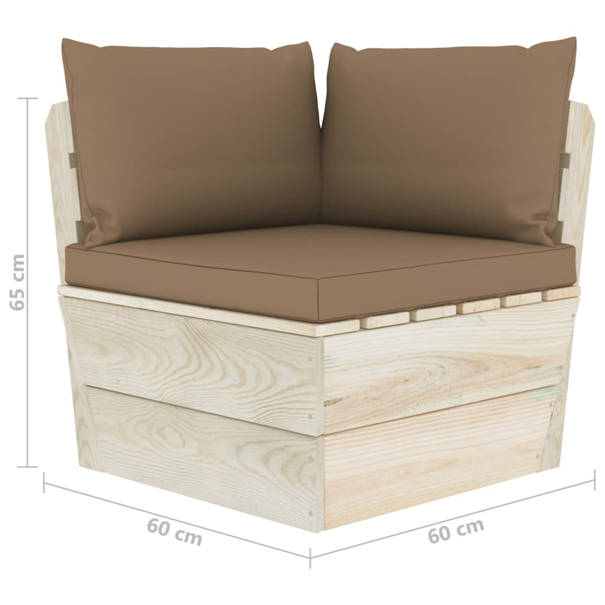 Ein Ecksofa aus hellem Holz mit braunen Kissen. Die Maße sind 60x60x65cm. Das Sofa ist neu, mit modernem Design.