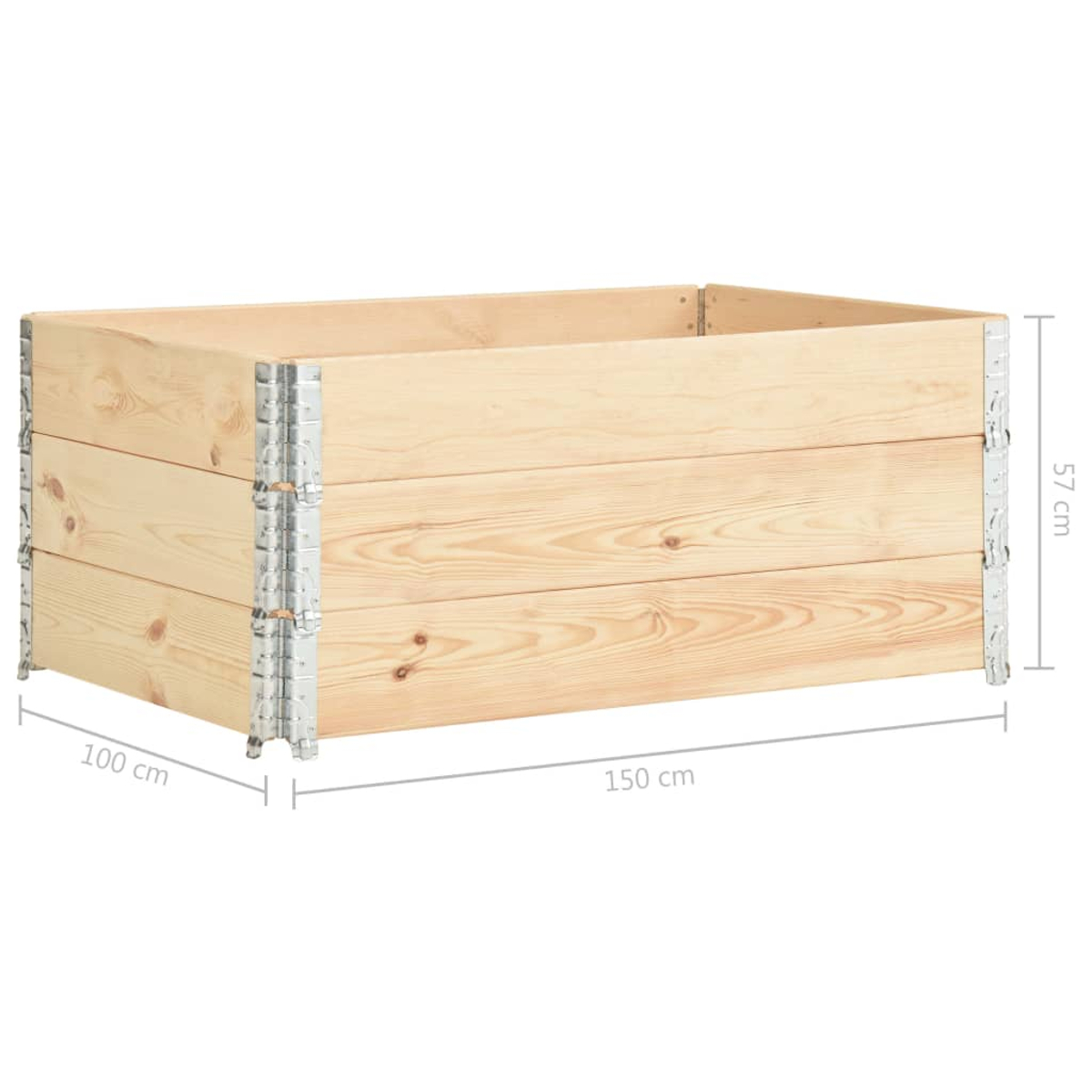 Eine rechteckige Holzpflanzkasten. Er besteht aus hellfarbigem Holz mit Metalleckenverstärkungen. Abmessungen sind angegeben.