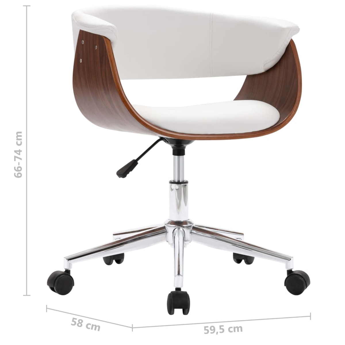 Ein weißer und brauner Bürostuhl. Der Stuhl hat eine gebogene Holzlehne und einen weißen Sitz. Er hat ein Chromgestell mit Rollen.
