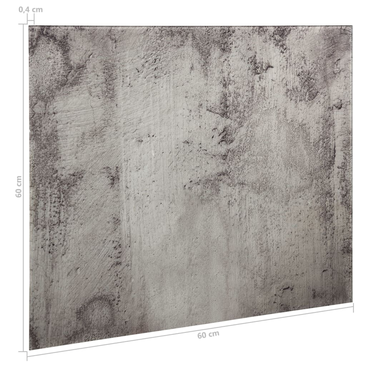 Eine quadratische Platte mit strukturiertem, grauem Beton-Aussehen, mit den Maßen: 60 cm x 60 cm und 0,4 cm Dicke.