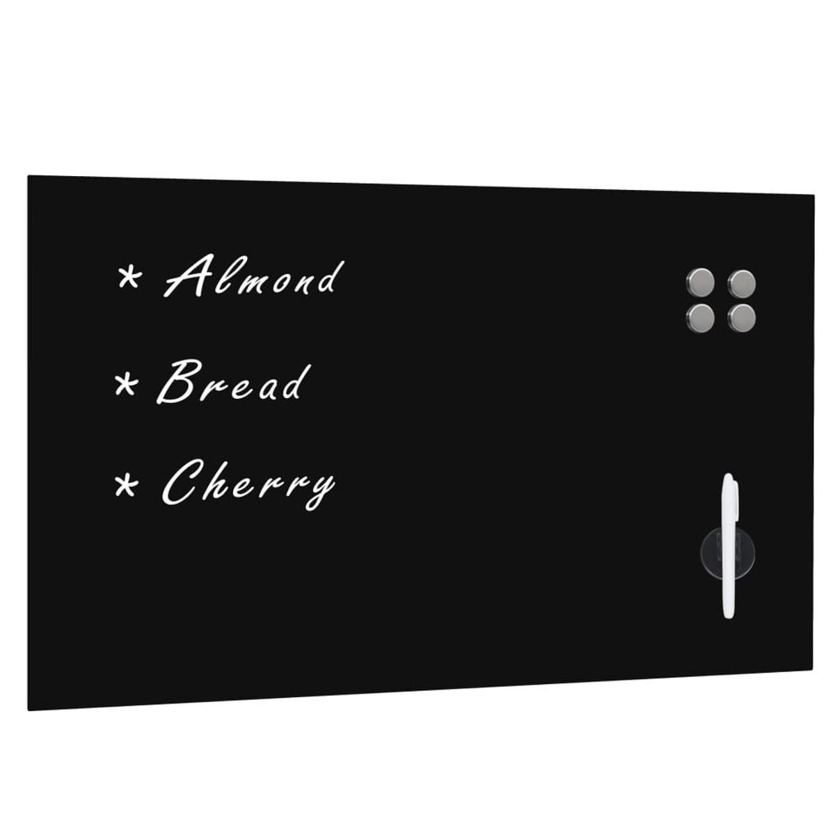 Eine schwarze Tafel listet 'Almond', 'Bread' und 'Cherry' auf. Auf der rechten Seite befinden sich silberne Magnete. Ein weißer Stift wird von einem Saugnapf gehalten.