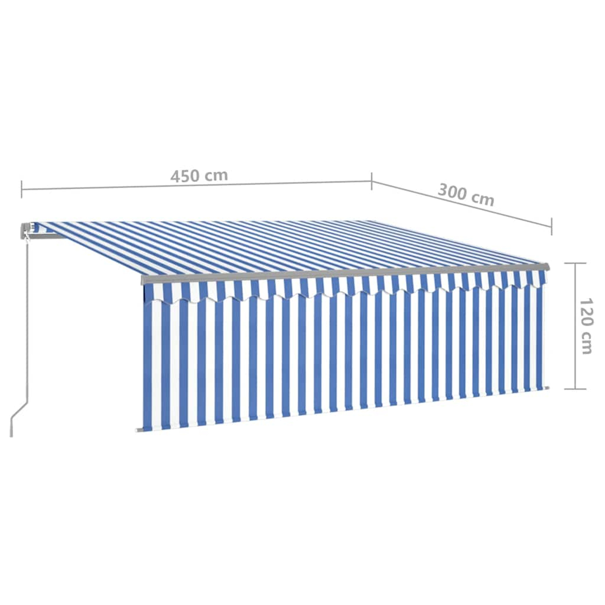 Ein blau-weiß gestreifter Markisen, Abmessungen angegeben. Die Markise ist ausgefahren, 450 cm breit, 300 cm tief und 120 cm hoch.