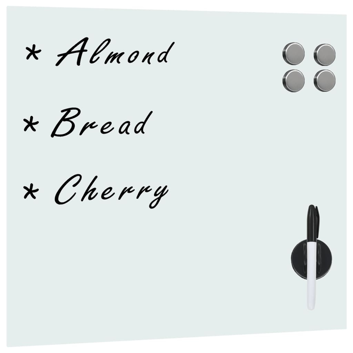 Eine weiße Tafel listet 'Mandel', 'Brot' und 'Kirsche' auf. Oben befinden sich vier silberne Magnete. Rechts ist ein schwarzer Marker.