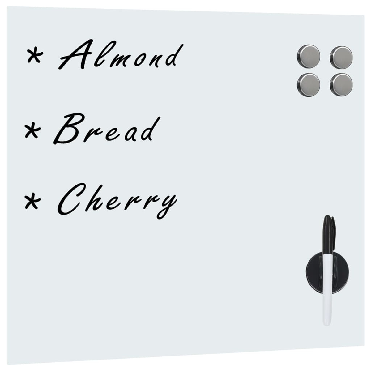 Whiteboard mit 'Almond', 'Bread', 'Cherry'. Vier silberne Magnete und ein schwarzer Stift befestigt. Weißer Hintergrund.