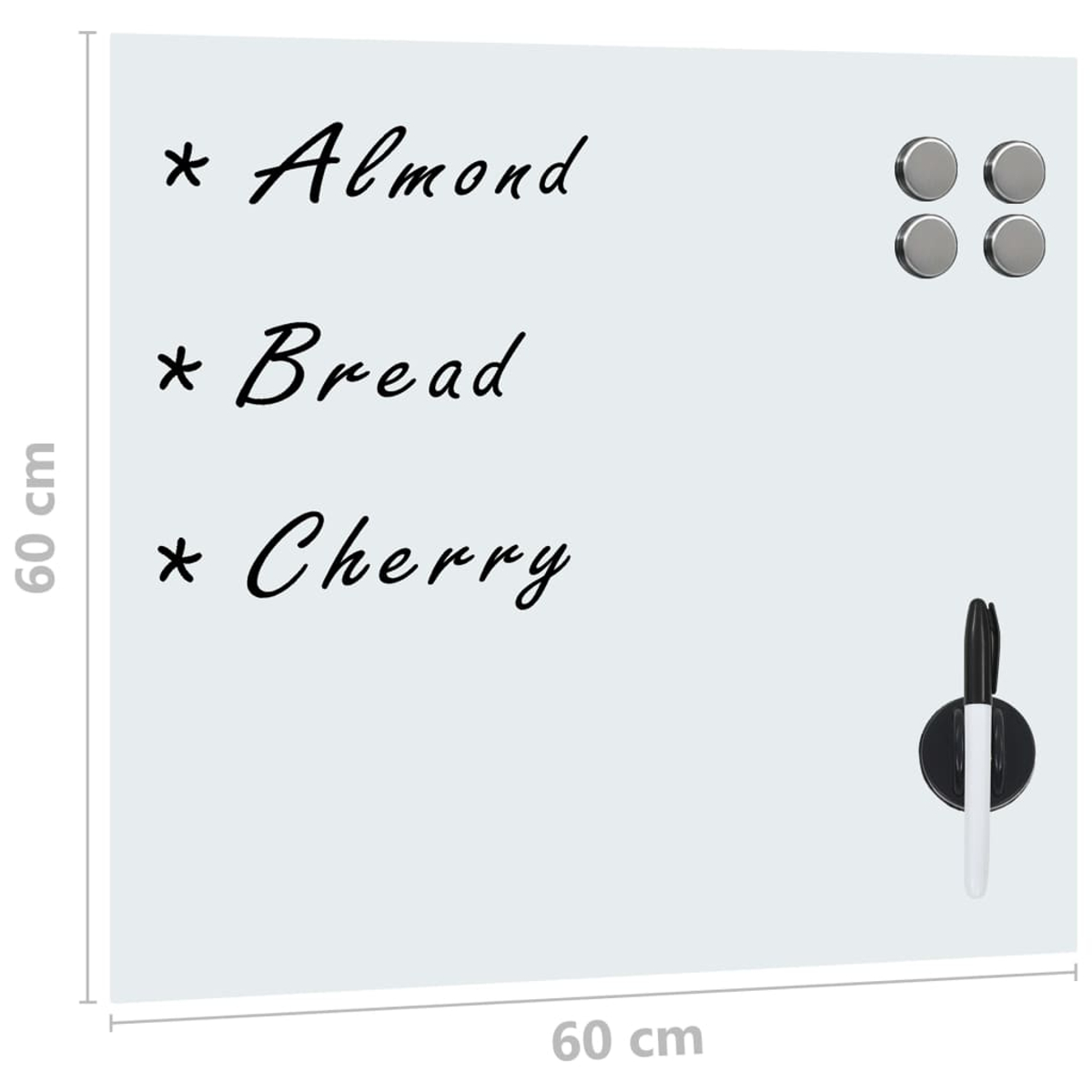 Eine weiße Tafel mit den Wörtern Almond, Bread und Cherry. Es hat Magnete und einen Stifthalter mit einem Stift.