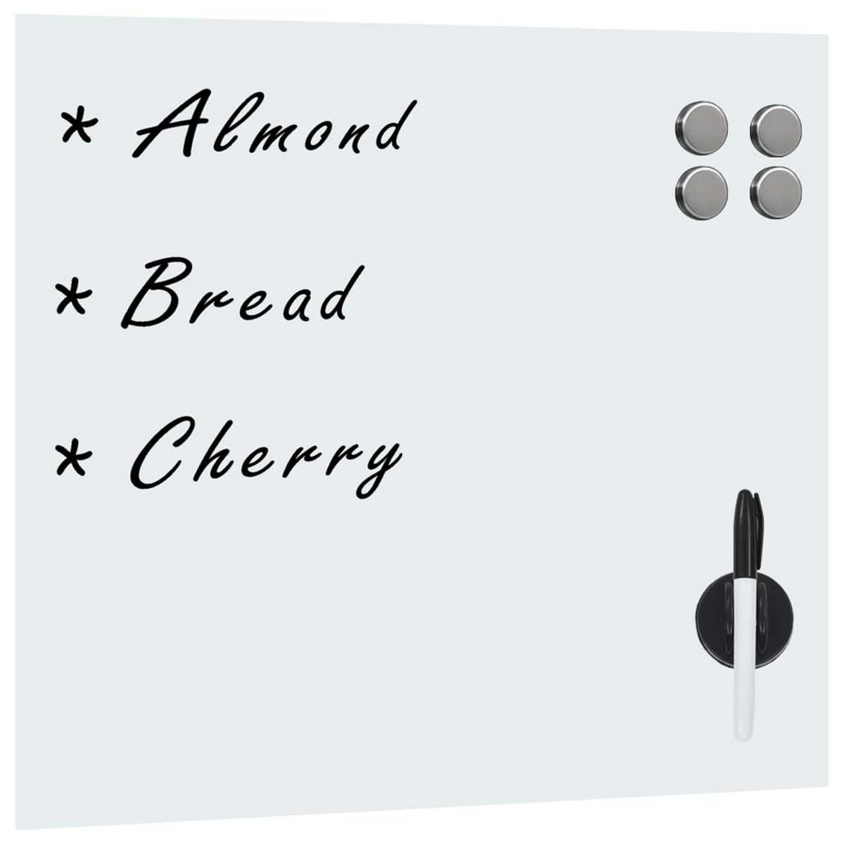 Weißes Board mit Text: Almond, Bread, Cherry. Vier silberne Magnete und ein schwarzer Stifthalter mit Stift.