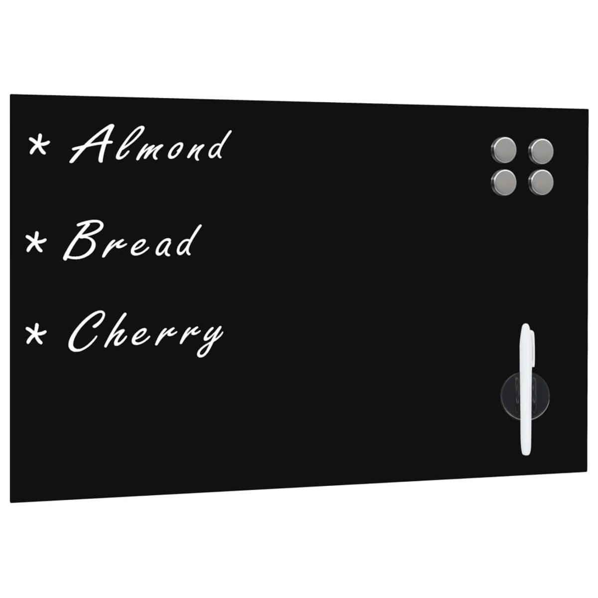 Schwarzes Brett mit 'Almond', 'Bread', 'Cherry' in Weiß. Vier Magnete und ein Stift sind sichtbar.