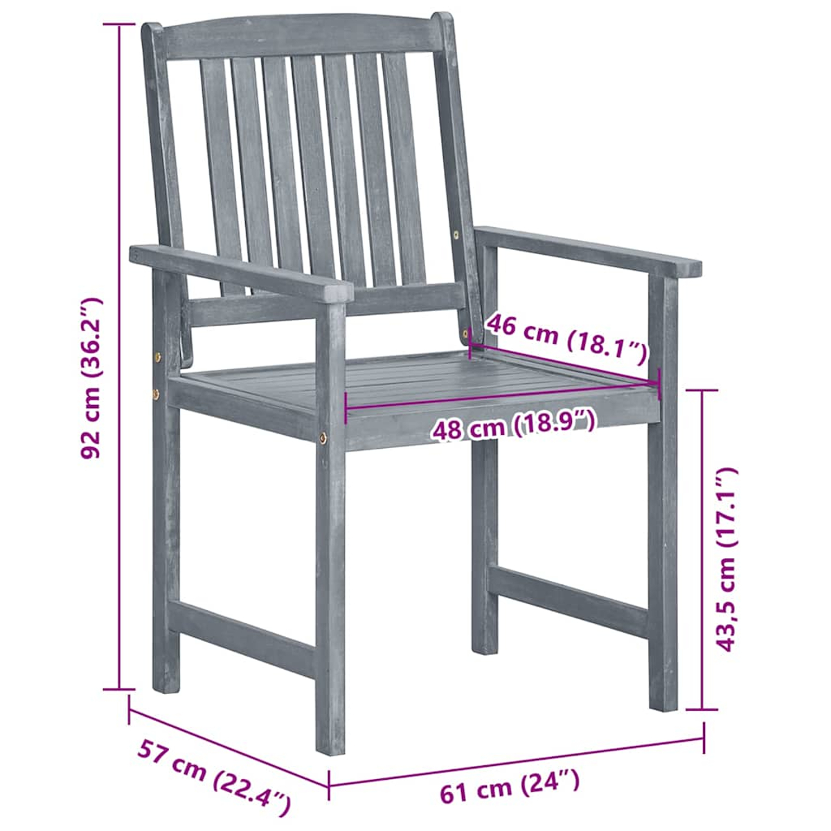 Ein grauer Holzstuhl ist abgebildet. Maße sind am Stuhl angegeben: 92 cm hoch, 61 cm breit, Sitz 48 cm breit. 43,5 cm hohe Beine.