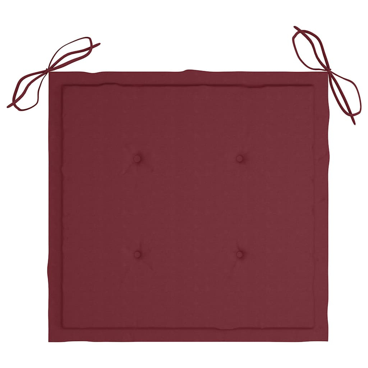 Ein quadratisches, weinrotes Kissen mit vier Knöpfen. Es hat Bindebänder in jeder oberen Ecke. Das Kissen hat einen gesteppten Rand.
