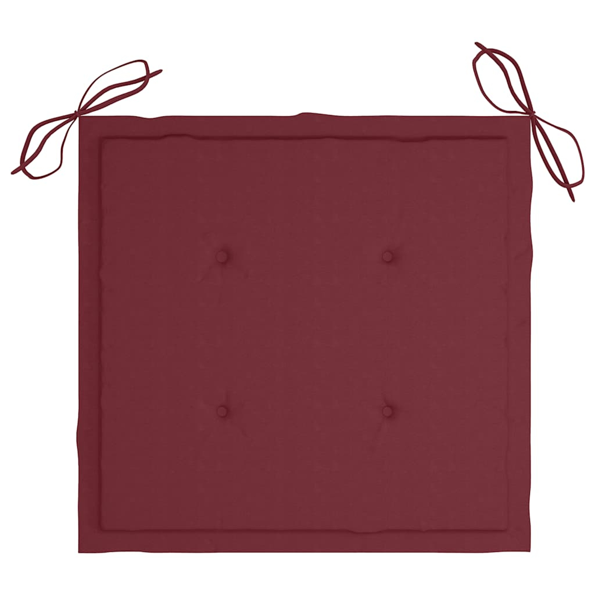 Ein quadratisches weinrotes Kissen mit vier Knöpfen, an den Ecken mit Schnüren gebunden. Weißer Hintergrund.