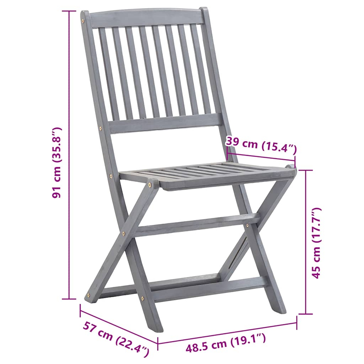 Grauer Holzklappstuhl. Abmessungen: 91 cm hoch, 57 cm breit, 48,5 cm tief. 39 cm Sitzbreite, 45 cm Sitzhöhe.