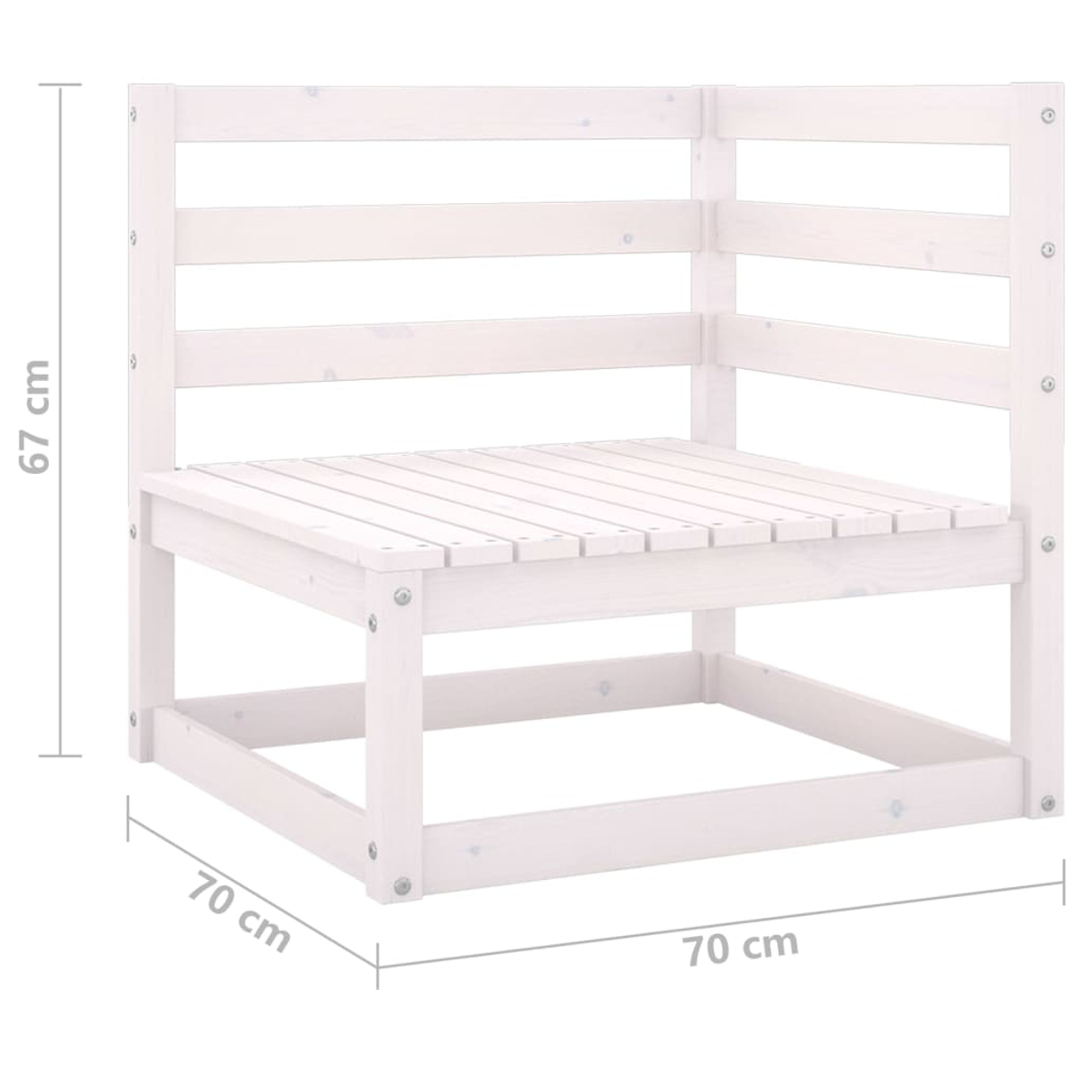 Ein weißer Eckstuhl aus Holz wird gezeigt. Er hat Latten für Sitz und Rückenlehne. Die Abmessungen sind 70x70x67 cm.