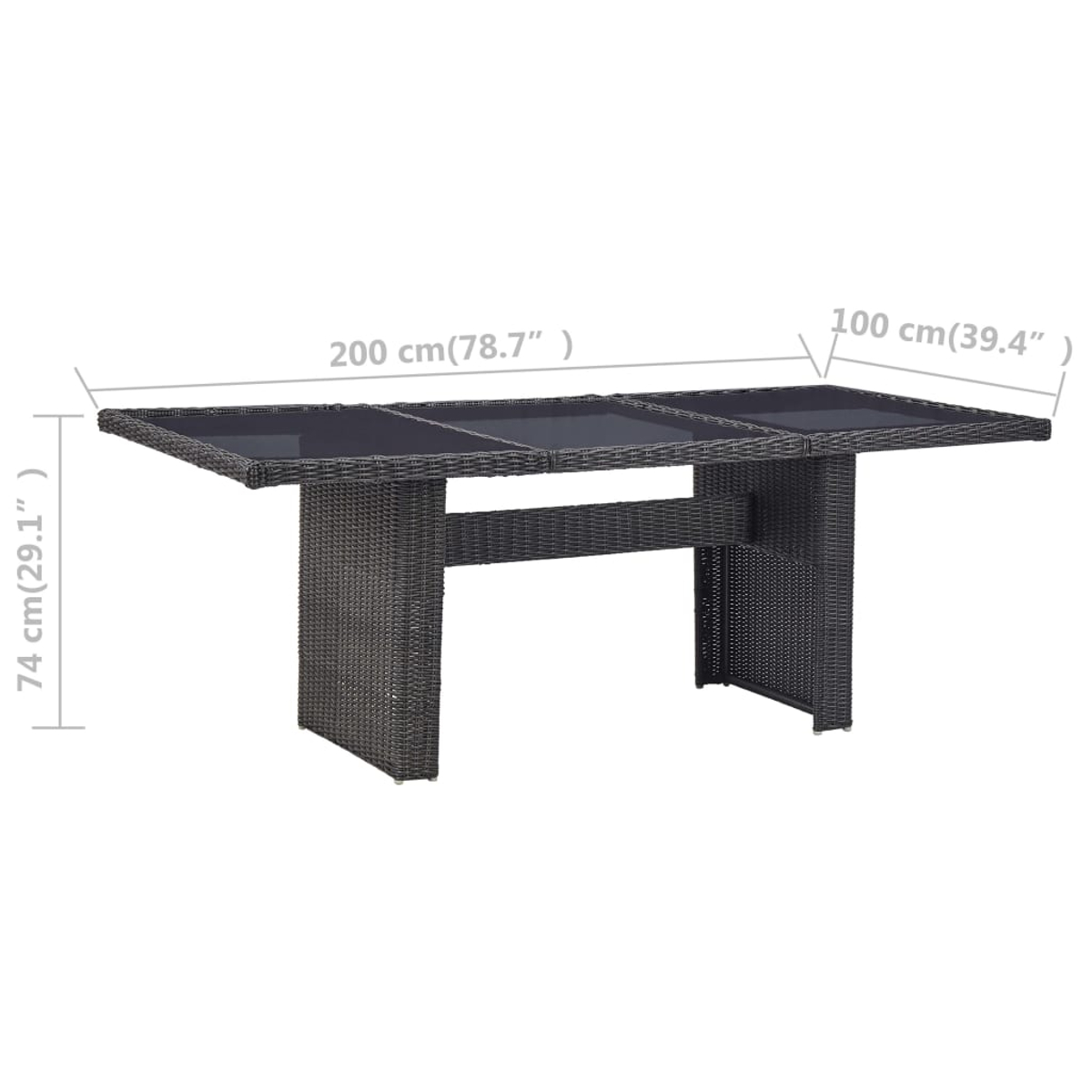 Ein dunkelgrauer Rattantisch mit Glasplatte. Abmessungen sind beschriftet: 200 cm x 100 cm x 74 cm.