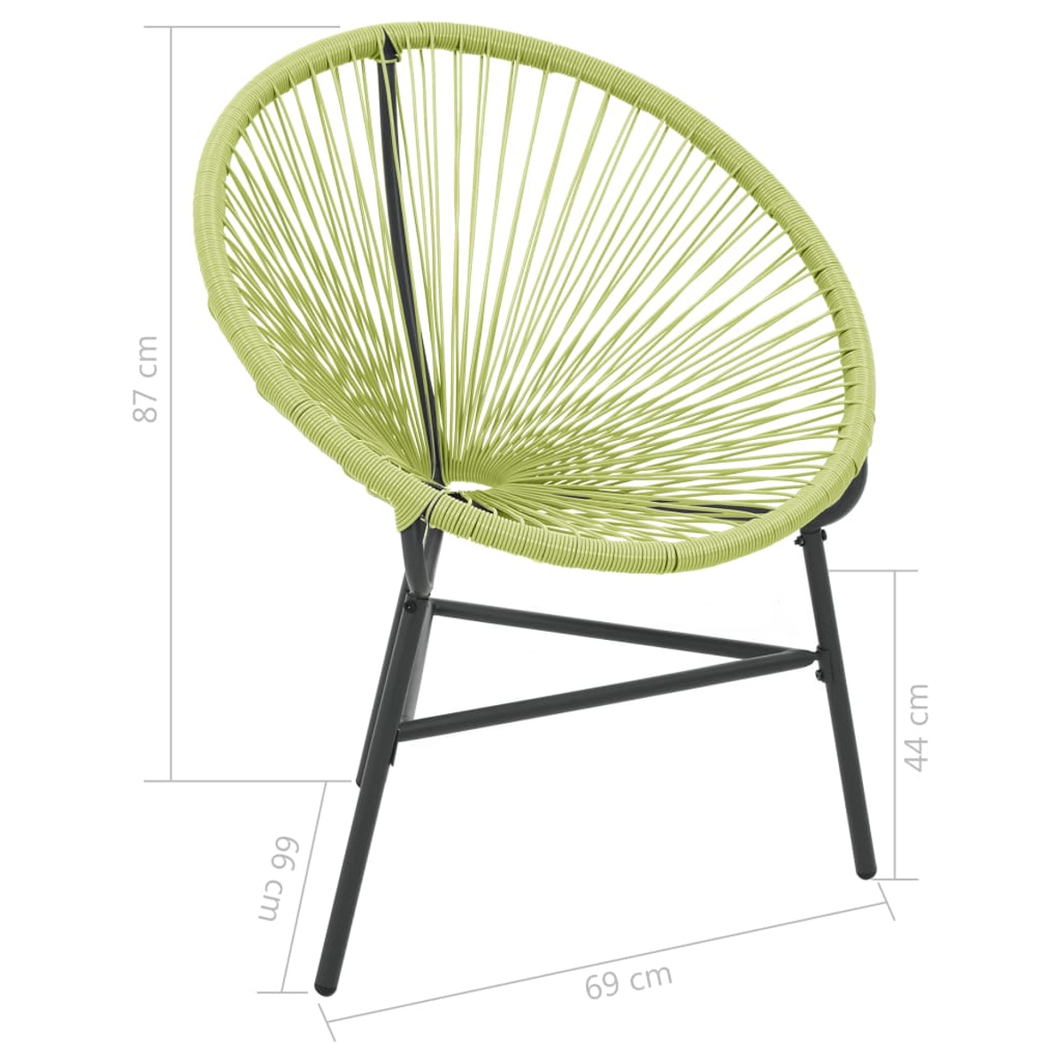 Ein hellgrüner runder Stuhl mit schwarzen Beinen. Maße: 87 cm Höhe, 44 cm Tiefe, 69 cm Breite und 66 cm Beinlänge.
