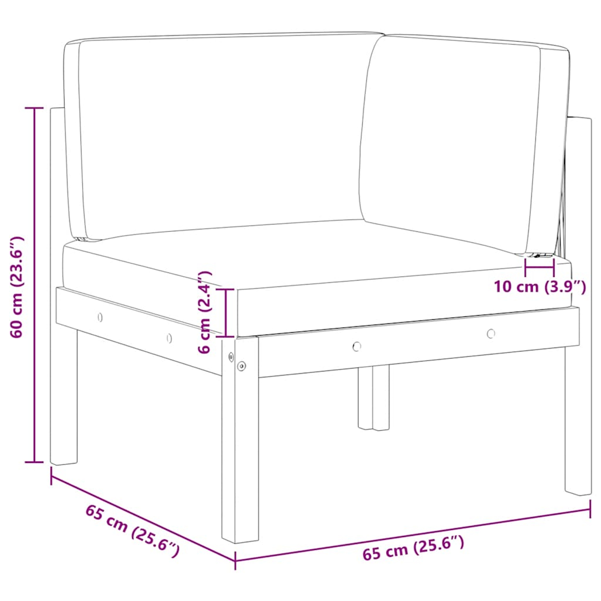 Diagramm eines Eckstuhls mit Maßen. Der Stuhl hat ein weißes Kissen und einen Holzrahmen. Maße in cm und Zoll.