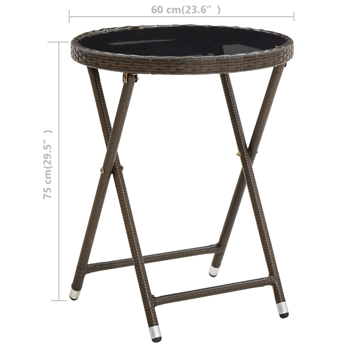 Ein brauner, runder Korbtisch mit Klappbeinen, 60 cm Durchmesser und 75 cm hoch, mit Glasplatte.