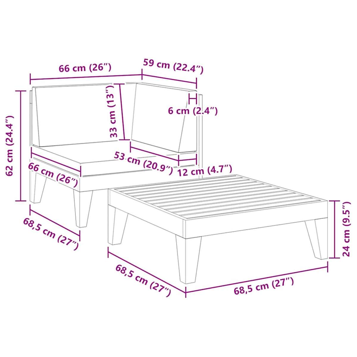 Ein Holz-Gartenmöbelset mit Maßangaben. Es besteht aus einem Einsitzer-Sofa und einer Fußstütze.